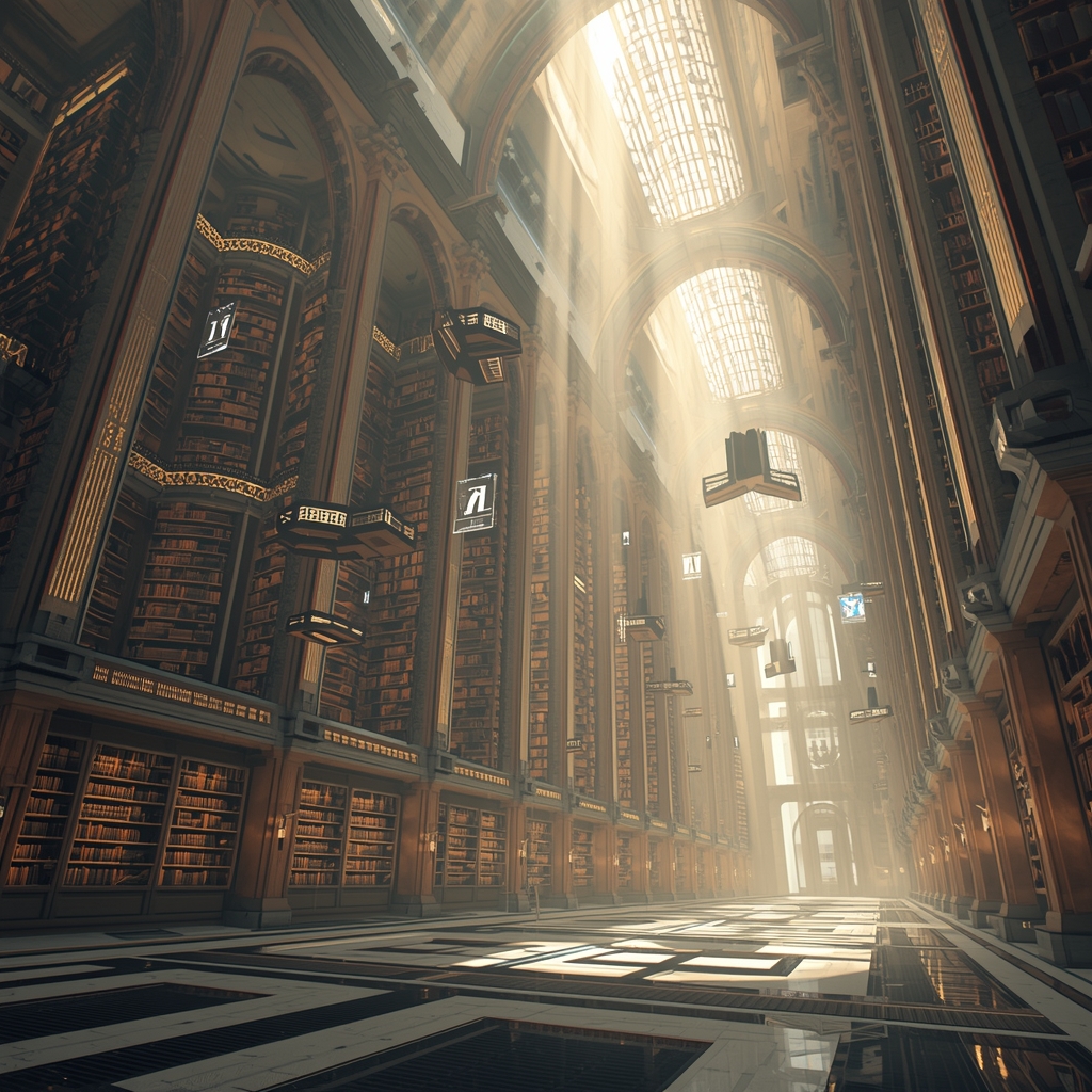 Generate from Nano Banana2: A breathtaking hyper-realistic futuristic library with floating holographic books, grand glowing architecture, ambient god rays, ultra-detailed textures, cinematic lighting, no woman